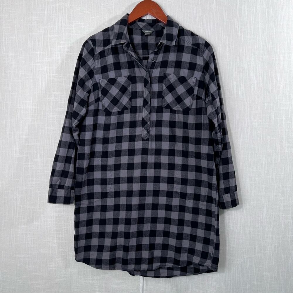 Eddie Bauer Cotton Flannel Plaid Grey Black Shirtdress Size 10